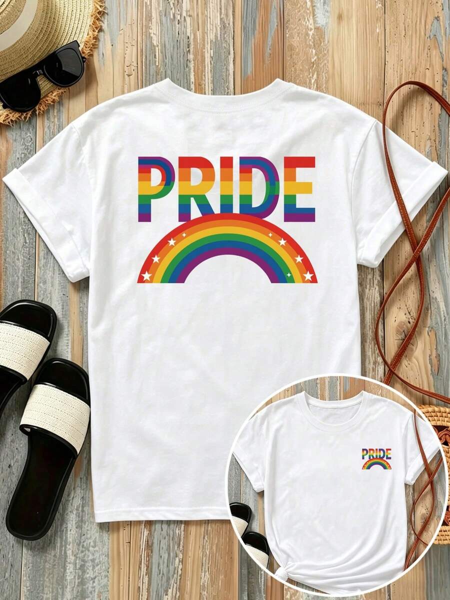New 180g Short-Sleeved T-Shirt, 1% Cotton, With Front And Back Prints - Pride, Pride Month - Fashionable Printed T-Shirt For Women, Short-Sleeved, Suitable For All Seasons, Clothing - Can Be Worn As A Base Layer In Spring And Autumn Or Alone In Summer, Unisex. - 白色 - 查看 1
