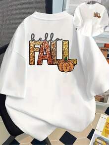 New Short-Sleeved T-Shirt, 180g Weight, % Cotton, With Front And Back Prints - Autumn, Hello Autumn - Fashionable Printed T-Shirt For Women, Spring/Summer, A Fashionable, Versatile And Casual Item - Suitable For Layering In Spring And Autumn Or In Summer, Unisex. - Black - View 6