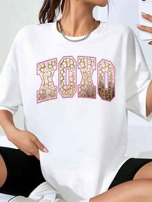 Camiseta Oversize con Estampado de Leopardo Xoxo para Mujer, Top Casual de Moda, Estilo Streetwear, Camiseta Gráfica para Uso Diario y Regalo - Blanco - Ver 7