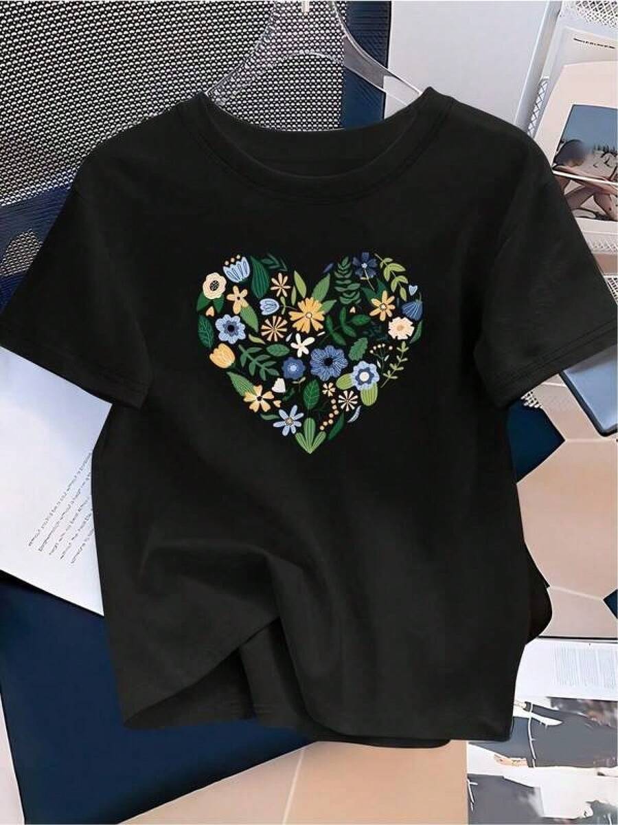 Oferta Especial: Camiseta moderna corazón floral estilo casual ligera cómoda fresca chica mujer verano algodón talle S a XL moda- Ropa de Moda Casual Suave y Transpirable para Diario - Negro - Ver 1
