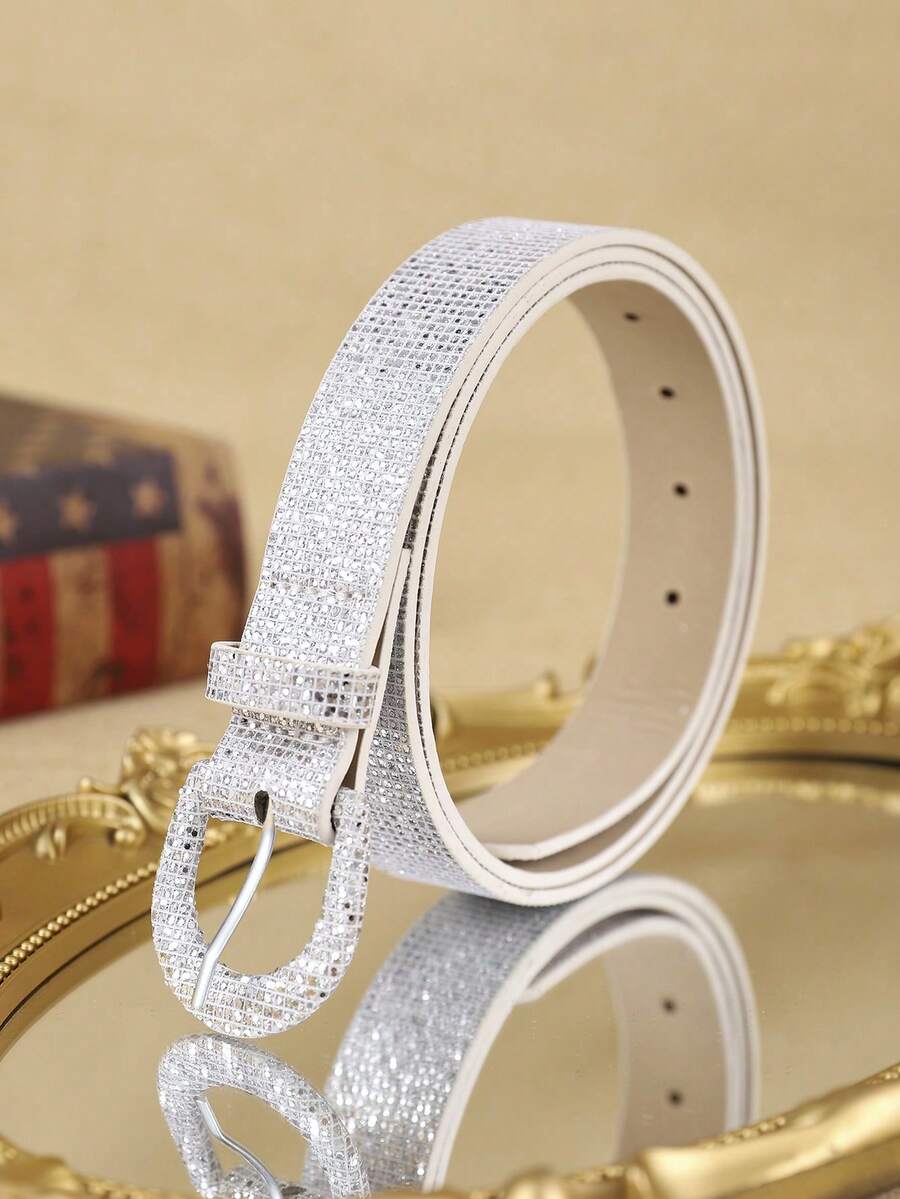 APLCSEY 1pc Fully Rhinestoned Silver Rhinestone Waist Belt, Women's Shiny Decorative Belt, Suitable For Party, Nightclub, Sexy Outfit - White - View 1