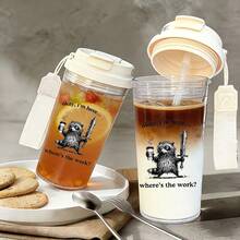 1pc/5pcs 500ml Plastic Water Bottle With Carrying Strap, Featuring A Funny Raccoon With Sword Print And The Humorous Quote "Okay, I'm Here… Where's The Work?". Leak-Proof With Flip-Top Lid, Suitable As A Gift For Coworkers, Friends, And Meme Lovers. Perfect For Carrying Iced Coffee, Water, Juice At The Office, School, Gym, And Daily Use. - Multicolor - Sword Raising - View 1