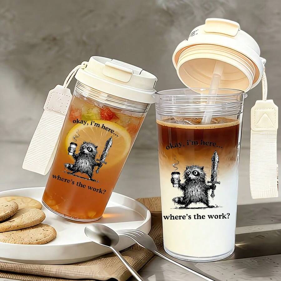 1pc/5pcs 500ml Plastic Water Bottle With Carrying Strap, Featuring A Funny Raccoon With Sword Print And The Humorous Quote "Okay, I'm Here… Where's The Work?". Leak-Proof With Flip-Top Lid, Suitable As A Gift For Coworkers, Friends, And Meme Lovers. Perfect For Carrying Iced Coffee, Water, Juice At The Office, School, Gym, And Daily Use. - Multicolor - Sword Raising - View 1