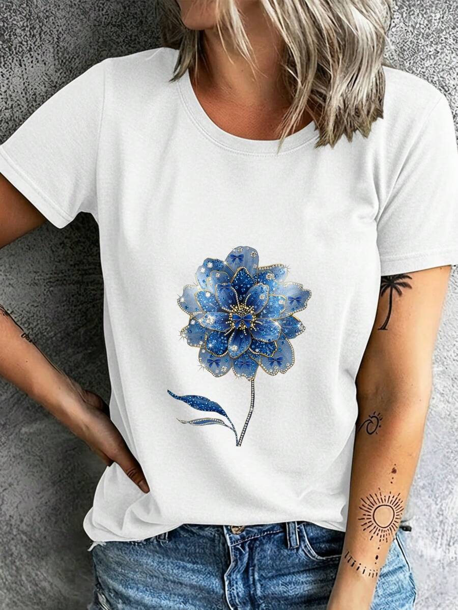 Women's Summer T-Shirt, Elegant Short-Sleeved T-Shirt, Comfortable And Breathable, Suitable For Sports And Fitness, Casual Outings, With Blue Floral And Crystal Design. - 白色 - 查看 1