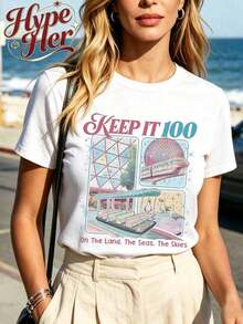 HypeHer Women's New Summer 2026 T-Shirt, Short Sleeve, Regular Crew Neck, Casual Monorail Theme Print, Cotton Blend, Ideal Gift For Girls Or Moms, Summer Fit For Women. Breathable And Comfortable. - 白色 2 - 查看 3