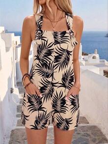 Linen Blend Women's Solid Color Dual Pocket Twist Knot Romper - Albaricoque 3 - Ver 1