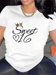 2026 New Cotton Shirt - 100% Cotton. Sweet 16 Design T-Shirt For Parties, Lightweight And Durable Fabric, For Celebrations And Festive Events. Comfortable Fit, Stylish Design, Perfect Gift For Special Occasions. Women's Simple Solid Color T-Shirt, Loose Fit, Casual Short Sleeve - 白色的 - 查看 12