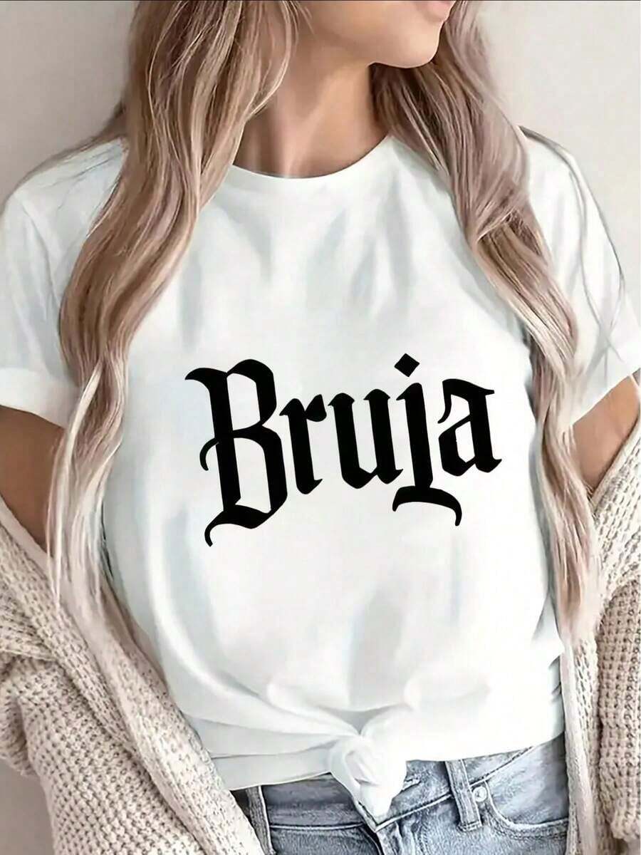 Premium 100% Cotton Short-Sleeved T-Shirt, Decorated With A Gothic-Style Print, Lightweight And Suitable For Home, Cafes, Or Casual Street Wear. Features A Letter Pattern, Making It A Comfortable And Casual Summer T-Shirt For Women With A Loose-Fitting Crew Neck. A Great Gift Idea. - 白色 - 查看 1