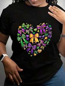 Women's T-Shirt With Heart And Bow Pattern, Gras Festival Outfit, New Arrivals, Women's Clothing, Gifts For Women - 黑色 - 查看 1