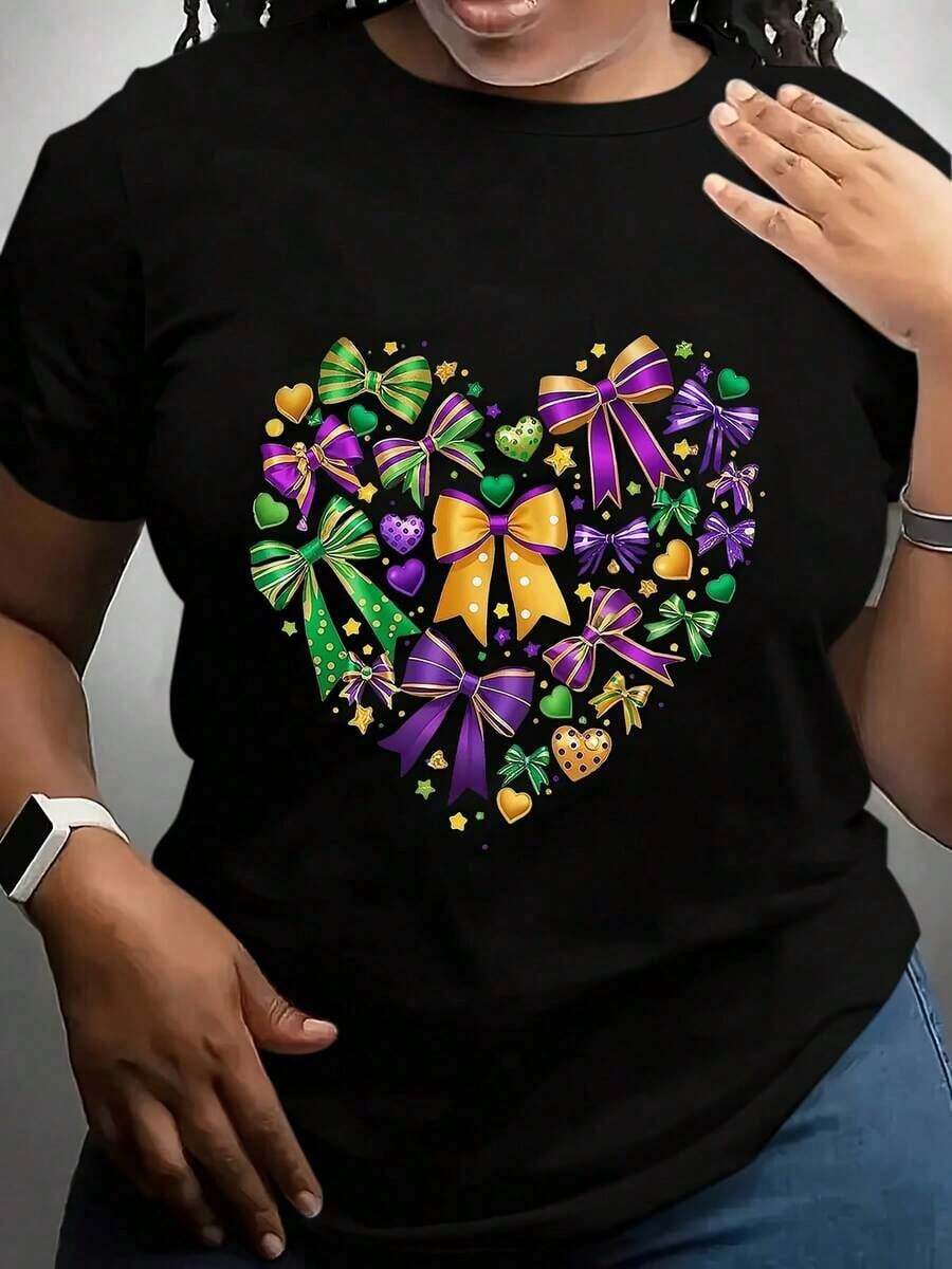 Women's T-Shirt With Heart And Bow Pattern, Gras Festival Outfit, New Arrivals, Women's Clothing, Gifts For Women - 黑色 - 查看 1