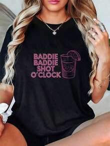 100% Cotton 1 Piece Baddie Shot O'clock Drinking For Baddies T-Shirt, Round Neck, Short Sleeve, Graphic T-Shirt For Women And Men, G 100% Cotton Women's Simple Solid Color T-Shirt, Loose And Slim Fit Casual Short Sleeve - 黑色 - 查看 5