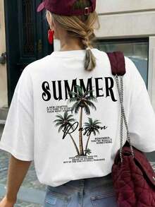 Nueva Camiseta de Verano para Mujer, Casual, de Cuello Redondo, Color Camel, Manga Corta, con Estampado Minimalista de Cocotero y la Letra "SUMMER", Versátil y a la Moda, Adecuada para el Ocio Diario y Vacaciones de Primavera. - Blanco - Ver 6