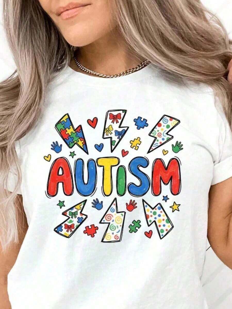 blusas para mujer100% cotton Mom Shirt, Colorful Puzzle Bolt Tee, A Awareness Month April Gift, Support Shirt, Wear Blue April 2 Camiseta informal de moda con estampado creativo para mujer, de manga corta y cuello redondo, para primavera y verano T-Shirt Women Festive Celebration Shirt Party Wear Topeurmuse - Blanco - Ver 1