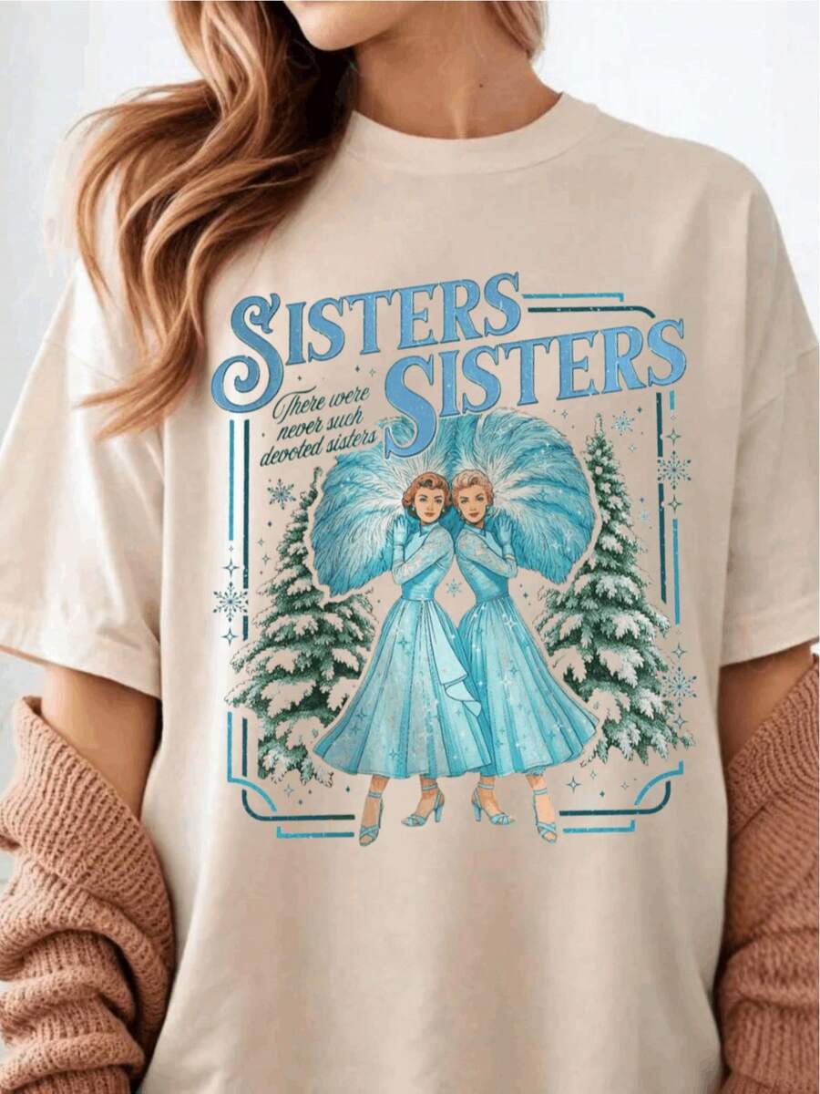 Premium Printed Summer T-Shirt For Women, Christmas Movie T-Shirt "Haynes Sisters", Christmas T-Shirt "Sisters' Song", Focused On Christmas Gifts For Sisters. - 杏色 - 查看 1