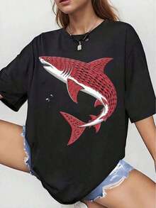 Women's Loose-Fitting T-Shirt, Casual Printed T-Shirt With "Red Shark With Scale Pattern" Design, Suitable For All Seasons, Everyday Wear T-Shirt, Ideal Gift, Fashionable Choice. - Black - View 1