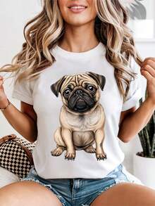 Women's Pug Graphic T-Shirt, Cute Illustrated Puppy Print Top, Casual Short Sleeve T-Shirt For Animal Lovers, Pet Owner Clothing - 白色 - 查看 1