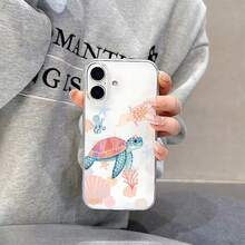 1 pieza Funda de teléfono transparente de TPU con patrón lindo de tortuga marina y concha, a prueba de golpes y huellas dactilares, compatible con iPhone - Multicolor - Ver 4