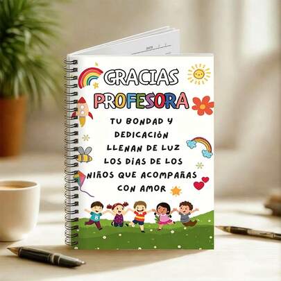 1pc A5 Rainbow Spanish Teacher Spiral Notebook - Vivid Cartoon Design With Inspiring Spanish Quotes, Lined Pages, Perfect Gift For Educators, Farewell Or Graduation, Office Supplies, Teacher Appreciation | Optimistic Design | Paper Diary