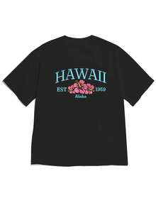 2026 Spring/Summer New Women's Drop-Shoulder "Hawaiian + Hibiscus + 'Aloha' Text" Island Theme Short-Sleeve T-Shirt, Fresh Vacation Style, Comfortable And Skin-Friendly, Ideal For Island Culture Enthusiasts' Daily Casual Wear-High QualityFor Summer - 黑色 - 查看 1