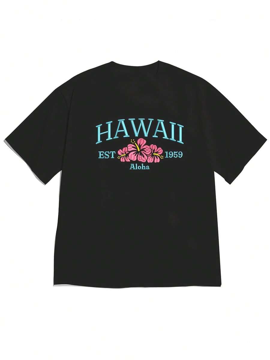 2026 Spring/Summer New Women's Drop-Shoulder "Hawaiian + Hibiscus + 'Aloha' Text" Island Theme Short-Sleeve T-Shirt, Fresh Vacation Style, Comfortable And Skin-Friendly, Ideal For Island Culture Enthusiasts' Daily Casual Wear-High QualityFor Summer - 黑色 - 查看 1