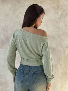 Top de manga larga asimétrico de hombro de punto de color albaricoque para mujer, otoño/invierno - Verde - Ver 2