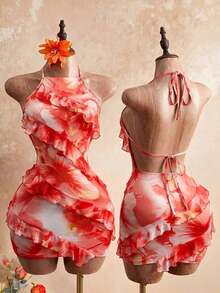 2026 Nuevo vestido de mujer con escote sexy, estampado floral y cuello halter, con diseño de volantes en el borde, estilo Y2K revival, estilo dulce y picante, look de vacaciones, para adultos jóvenes, tela transparente, ajuste ceñido, ligero.Adec - Naranja - Ver 8