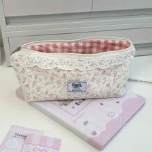 1pc Pink Floral Pencil Case - Large Capacity, Women'S Cosmetic Bag With Lace Trim & Red Checkered Lining, Mixed Colors, Perfect For School, Travel, And Storage/ Organization, Pencil Case Pouch, School Accessory Organizer, Durable Zipper Closure - Flower Pencil Case - View 6