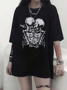 Camiseta negra informal de manga corta con cuello redondo para hombre,Camisetas Para Mujer camiseta única con diseño de calaveras y huesos estilo y2k perfecta para quienes buscan un look audaz y contemporáneo inspirada en  urbanas la camiseta ideal para destacar tu estilo y expresar tu personalidad. - Negro - Ver 6