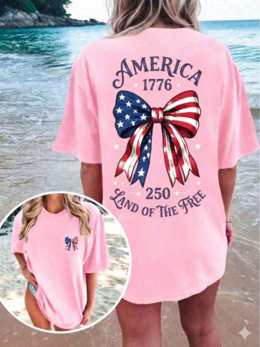 2026 Plus Size Women's Graphic T-Shirt, Casual Loose Summer Tee, Round Neck, Oversized, Soft Cotton, Everyday Wear, Cute Print, Vacation, - 粉紅色 1 - 查看 1
