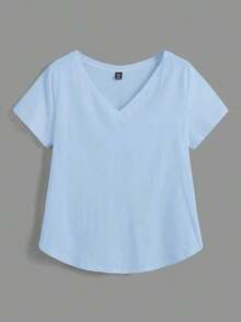 BASICS Camiseta casual versátil de manga corta y cuello en V de talla grande para mujer - Celeste - Ver 7