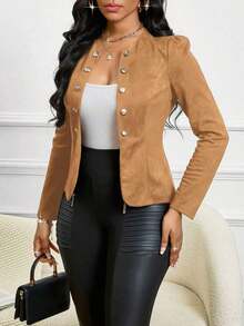 Lady Chaqueta abierta con detalles de botones en ante negro para otoño/invierno - Marrón - Ver 4