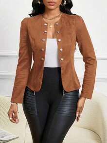 Lady Chaqueta abierta con detalles de botones en ante negro para otoño/invierno - Óxido marrón - Ver 7