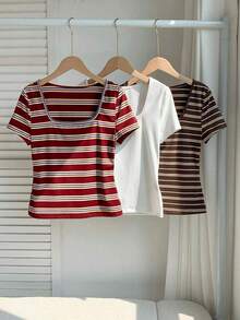 3 piezas Camisetas básicas de mujer de cuello redondo y manga corta, en azul, albaricoque y rosa, adecuadas para uso casual, estilo Y2K, primavera/verano, Día de San Valentín, carnaval, playa, fiesta de cumpleaños, boda, salida y otras ocasiones.Blusa de manga corta linda, blusa femenina, blusa hermosa, camisa linda, blusa linda, blusa de verano rosa, blusa rosa linda, blusa rosa de mujer, elegante, vacaciones, casual, estilo Y2K, primavera/verano, Día de San Valentín, carnaval, playa, fiesta de cumpleaños, boda, salida y otras ocasiones.Blusa con gráfico de corazón rojo - Multicolor 4 - Ver 9