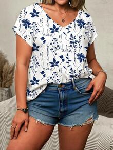 Blusa informal de talla grande con cuello en V, mangas tipo murciélago y estampado floral para el verano, ideal para vacaciones - Multicolor - Ver 4