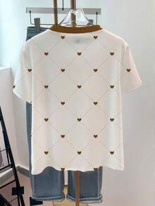 Camiseta de mujer con cuello redondo, estampado de corazones y lunares, y bloques de color - Blanco 5 - Ver 2