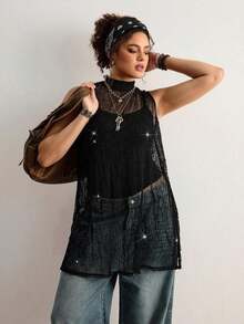 Freevana Blusa sin mangas con estampado floral vintage bohemio y encaje, talla grande, nueva llegada de primavera, adecuada para el Día de San Valentín, festivales de música - Negro 2 - Ver 6