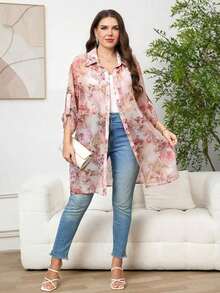 Chikora Camisa de manga larga con estampado floral y abotonadura sencilla para mujer de talla grande - Multicolor 3 - Ver 6
