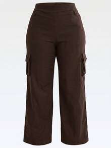 Wide Leg Plus Size Winter High Waist New Release Cold Autumn Elegant Palazzo Pants With Side Pockets Cargo Butt Lifting Premium Tailoring Sizes 46 To 56 - 鏽棕色 - 查看 3