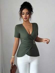 Camiseta de ajuste ceñido de color liso elegante para mujer en verano - Verde militar - Ver 4