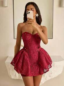 Vestido elegante, noble y de estilo palaciego de encaje blanco sin tirantes, con ballenas, cintura marcada y silueta evasé, adecuado para despedida de soltera, boda, graduación, vacaciones, fiesta de novia y Día de San Valentín - Burdeos - Ver 5