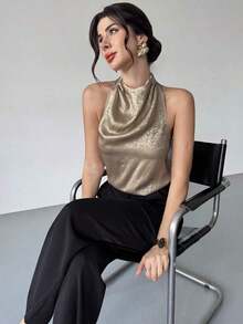 Blusa de satén dorado con cuello de tortuga y espalda de halter, elegante y casual para ir al trabajo/Look de Año Nuevo/Blusa sexy/Blusa brillante/Blusa para fiesta/Blusa de estilo "Old Money"/Blusa dorada - Dorado - Ver 4