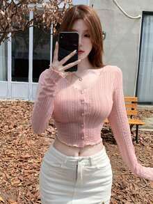 Camiseta de mujer de manga larga con rayas texturizadas y decoración de botones con forma de corazón en color rosa, adecuada para primavera y verano estilo Y2K - Rosa 2 - Ver 5