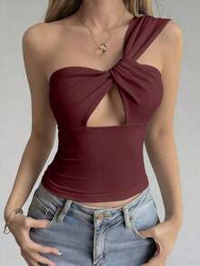 Camiseta sin mangas ajustada con tiras cruzadas huecas, estilo sexy y casual para mujer, Y2K - Burdeos - Ver 2