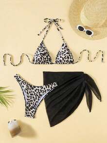 Set de bikini de 3 piezas para mujer con sujetador halter triangular y braguitas triangulares con lazos a los lados - Negro - Ver 6
