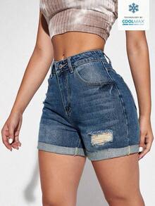 Shorts de mezclilla de cintura alta, ajustados y de moda para mujeres con diseño desgastado - Azul lavado oscuro - Ver 4