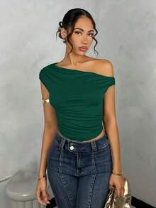 Blusa de verano de unicolor con hombro asimétrico y fruncido para mujer - Verde Oscuro - Ver 6