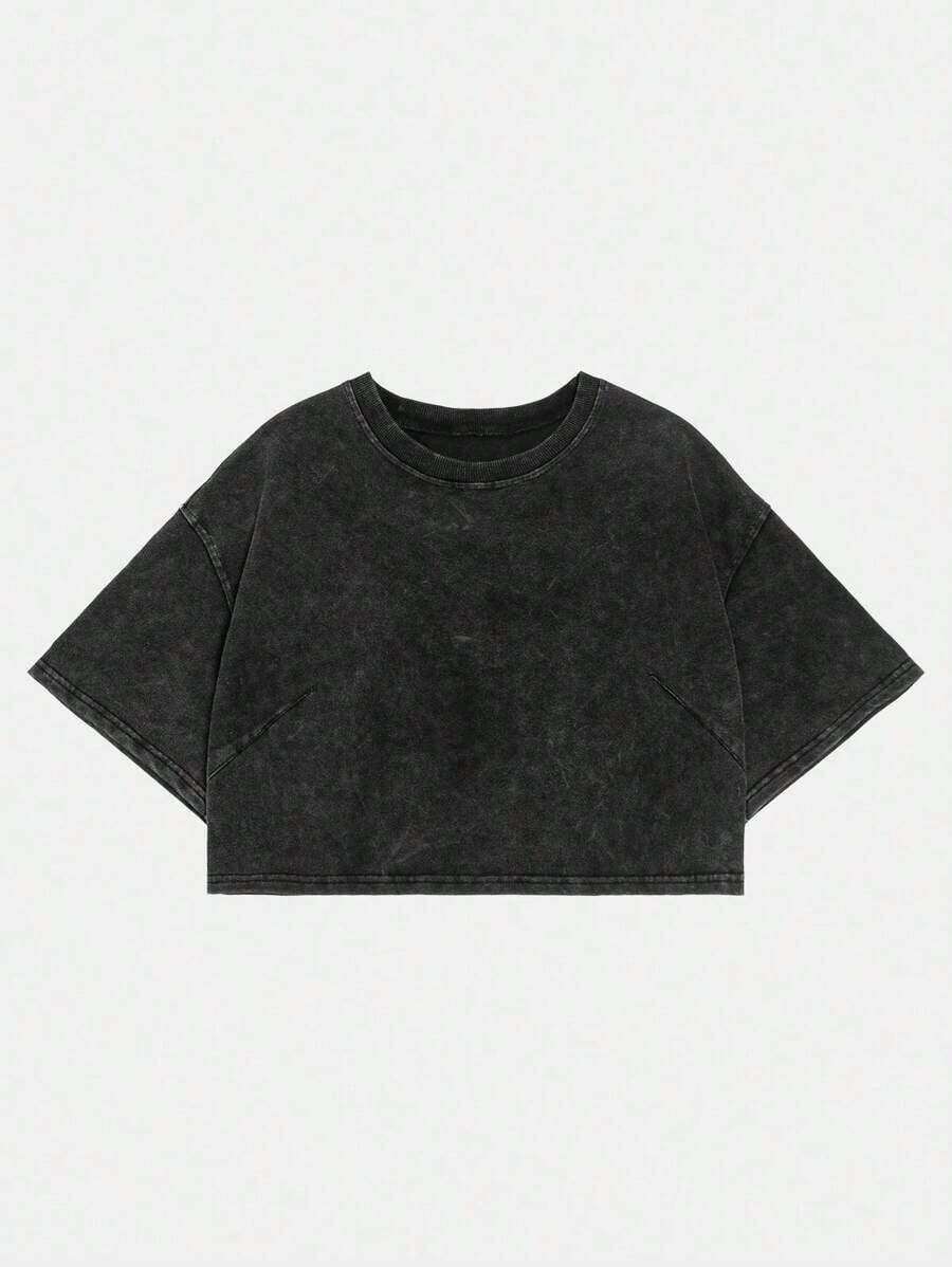Camiseta básica de manga corta de 100% algodón lavado, verde oliva - Negro - Ver 1
