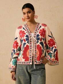 Camisa casual versátil de uso diario con estampado floral y nudo delantero para mujer de talla grande - Multicolor 5 - Ver 4