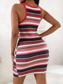 Vestido mini elegante de fiesta de mujer con cuello redondo y cintura ceñida de unicolor - Rojo - Ver 2