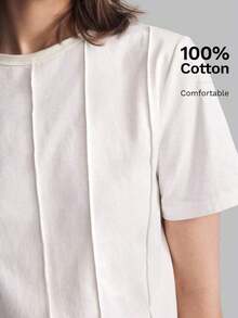 Camiseta casual de mujer de manga corta con cuello redondo, diseño de rayas de palillo de dientes de unicolor, adecuada para uso casual urbano de primavera/verano, moda minimalista, viajes de oficina, sencillez elegante, atuendo para el Día d - Caqui 2 - Ver 3